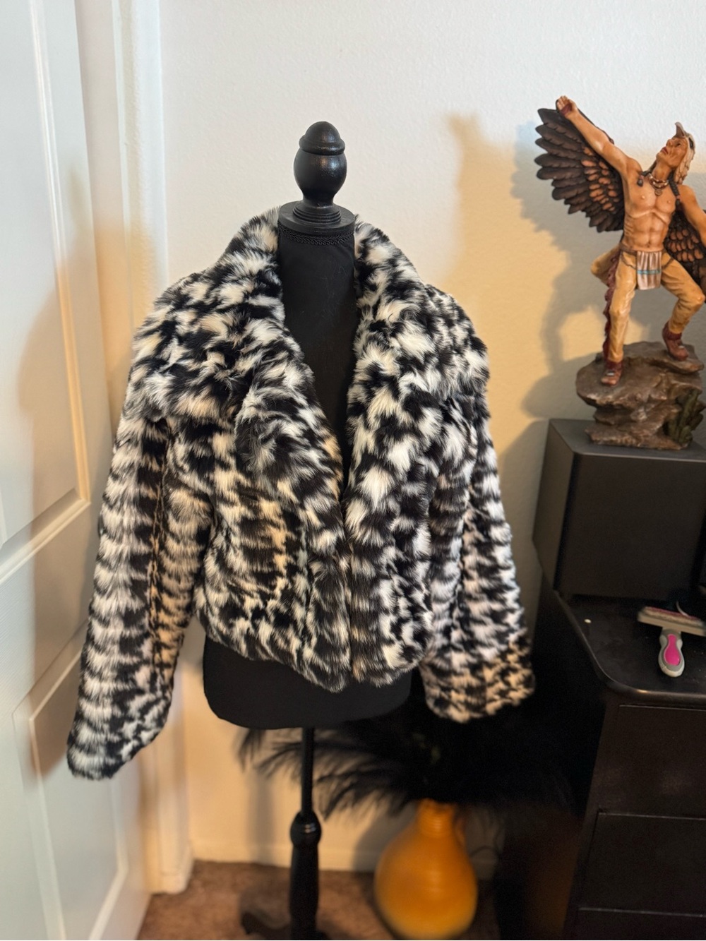 Plush Black & White Faux Fur Cropped Teddy Jacket